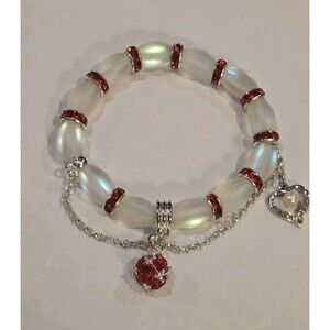 Moonstone Glass Bead Stretch Bracelet Red Rhinestone Heart Charm Silver Tone